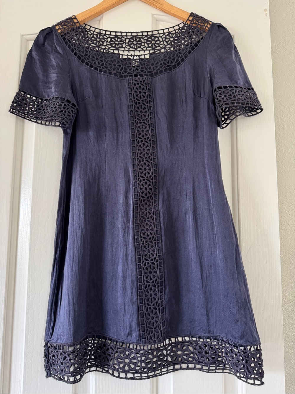 Chloé 100% Silk Navy Crochet Lace A-Line Mini Dress